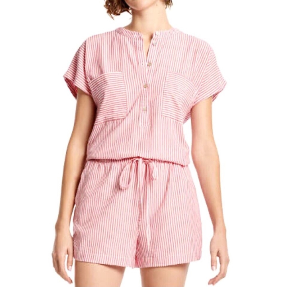 Michael Stars Shantel Romper Drawstring Pockets Pink White Striped Shorts Sz M - Picture 2 of 13